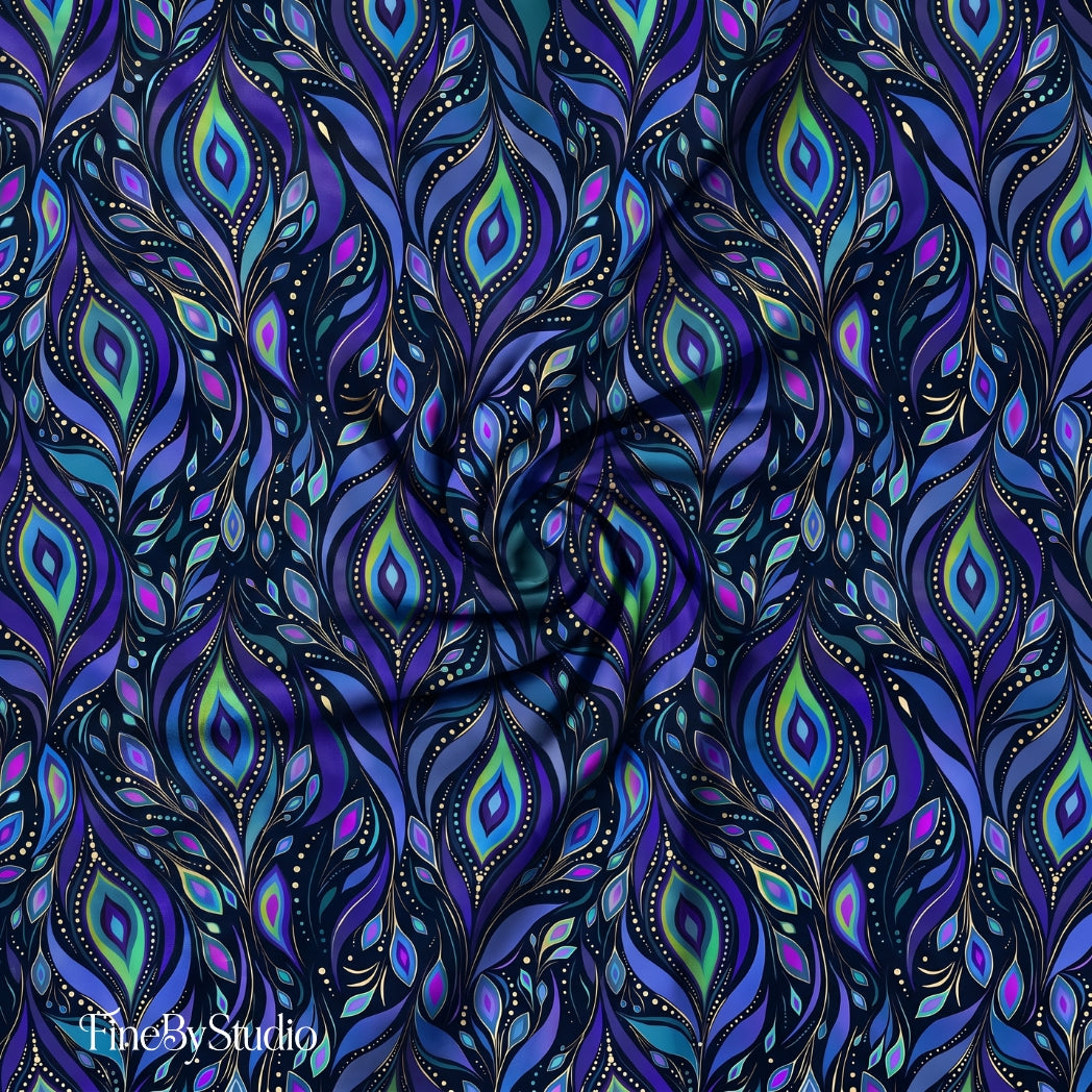 Blue peacock paisley seamless pattern in navy, cobalt, turquoise, violet and gold