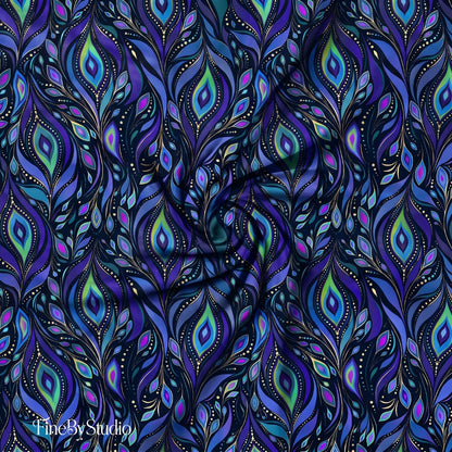 Blue peacock paisley seamless pattern in navy, cobalt, turquoise, violet and gold