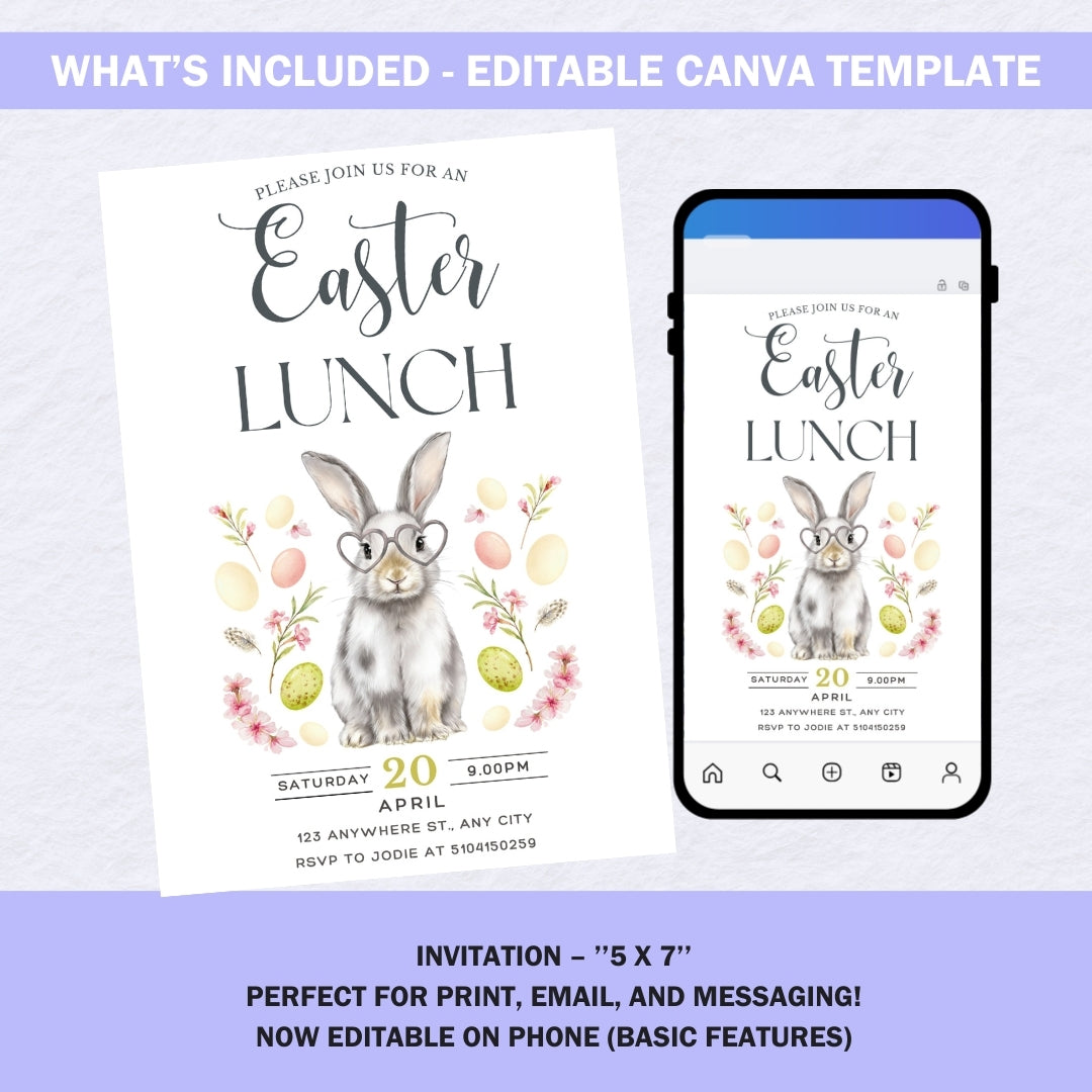 A smartphone screen displaying the Easter Lunch invitation, showing how to edit text in the Canva app.