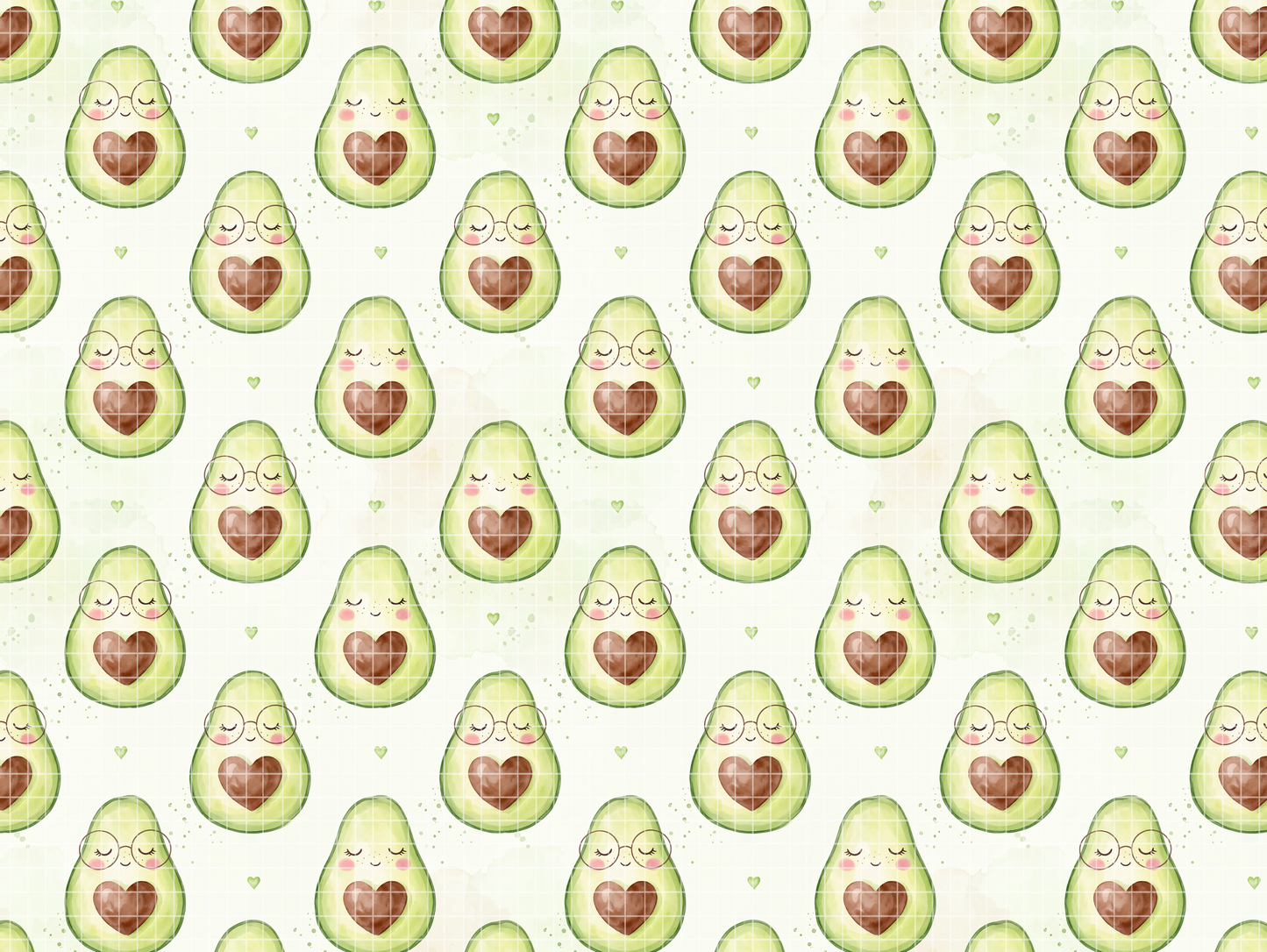 Repeating tile of kawaii avocado watercolor surface pattern design.