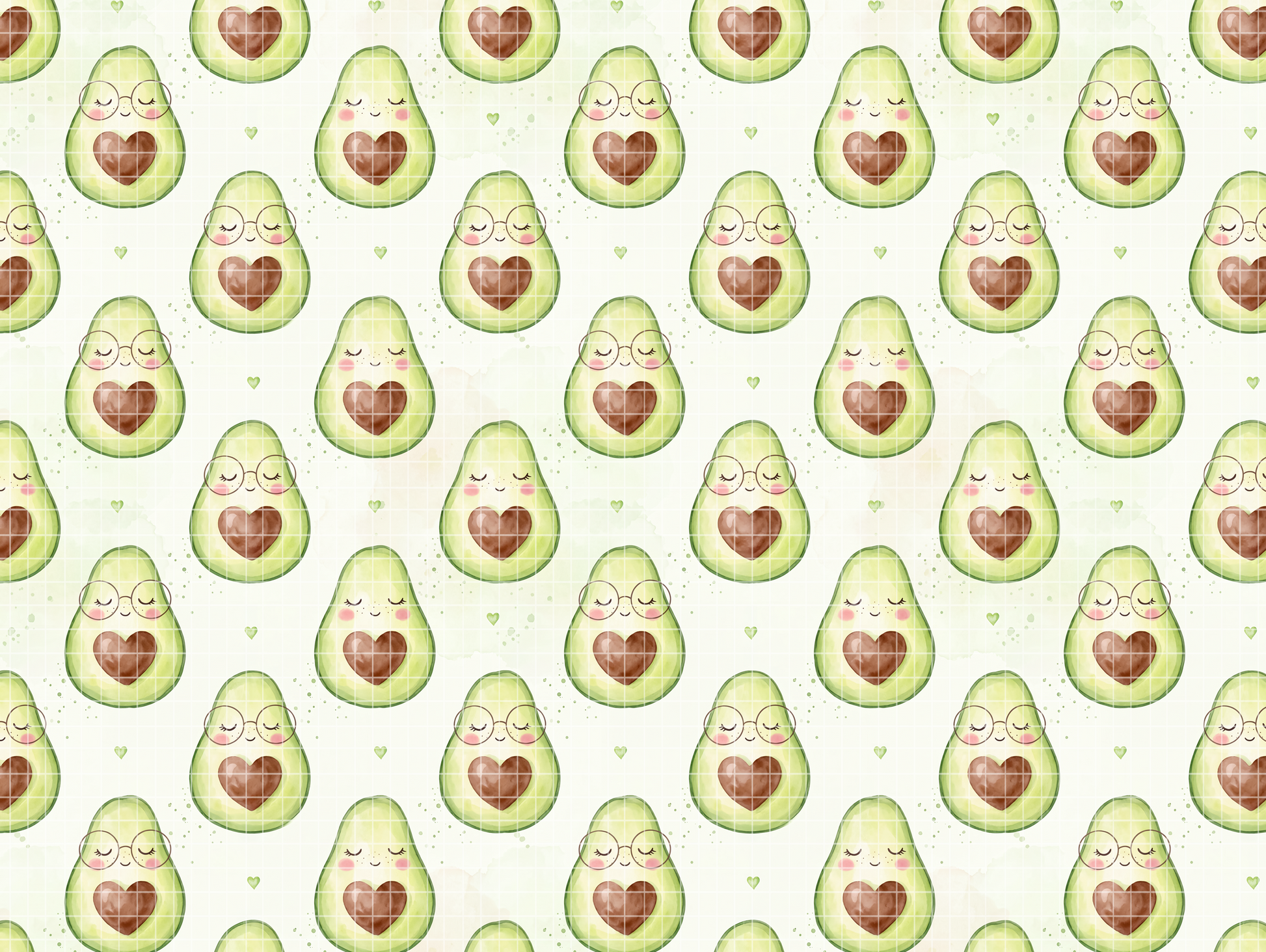 Repeating tile of kawaii avocado watercolor surface pattern design.