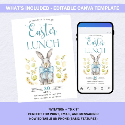A smartphone screen showing the Easter Lunch bunny invitation being edited in the Canva app.