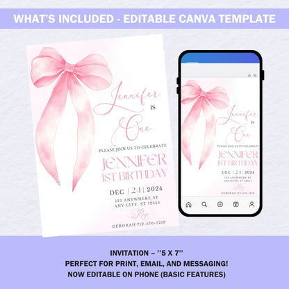 Editable Invitation Template | Pink Bow Invitation | Baby Shower or Birthday Invite | Instant Download Canva Template