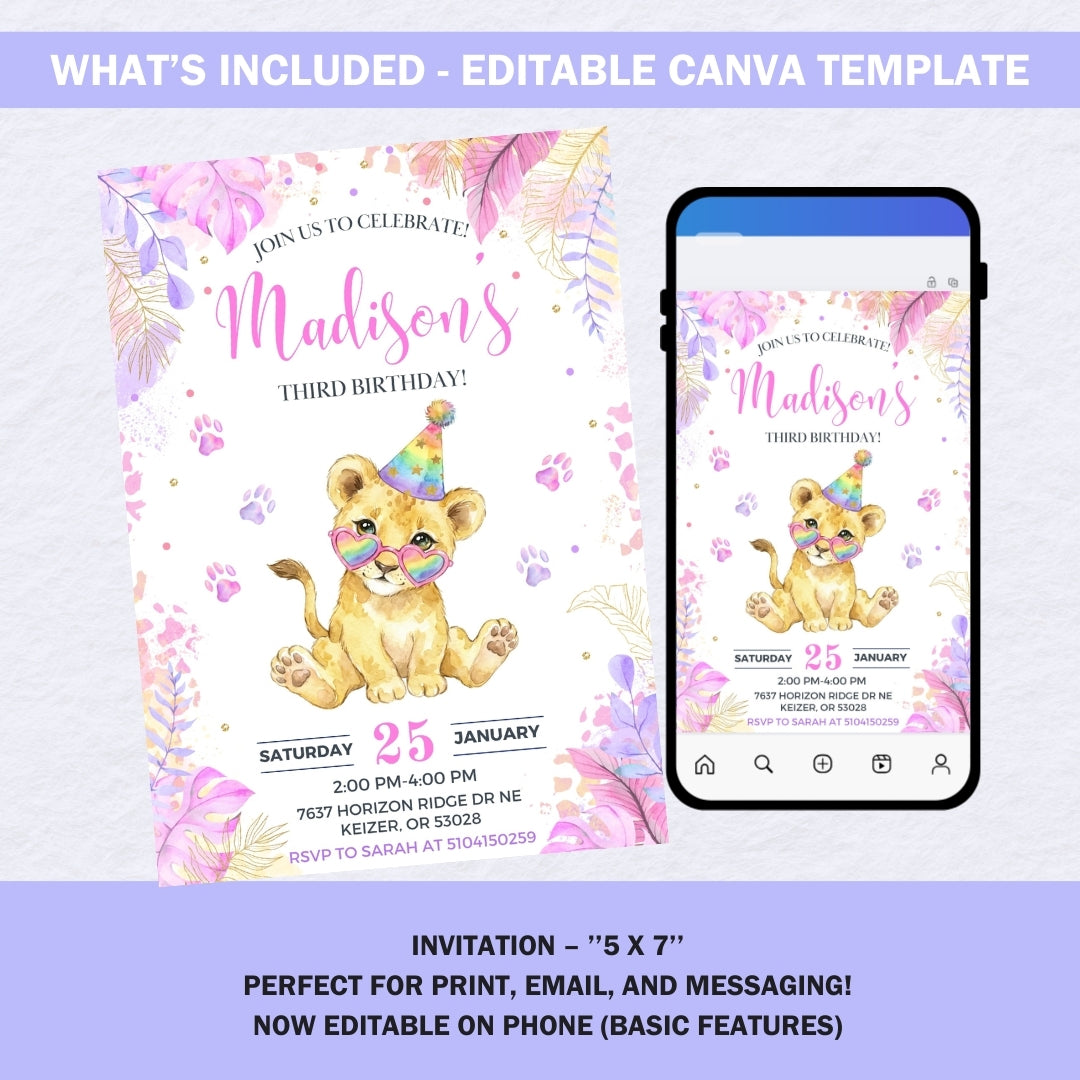 A smartphone screen displaying the rainbow lion birthday invitation being edited in the Canva app.