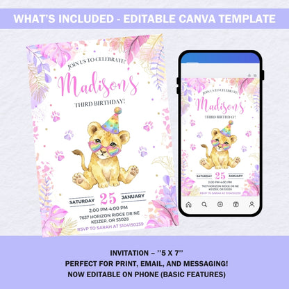 A smartphone screen displaying the rainbow lion birthday invitation being edited in the Canva app.