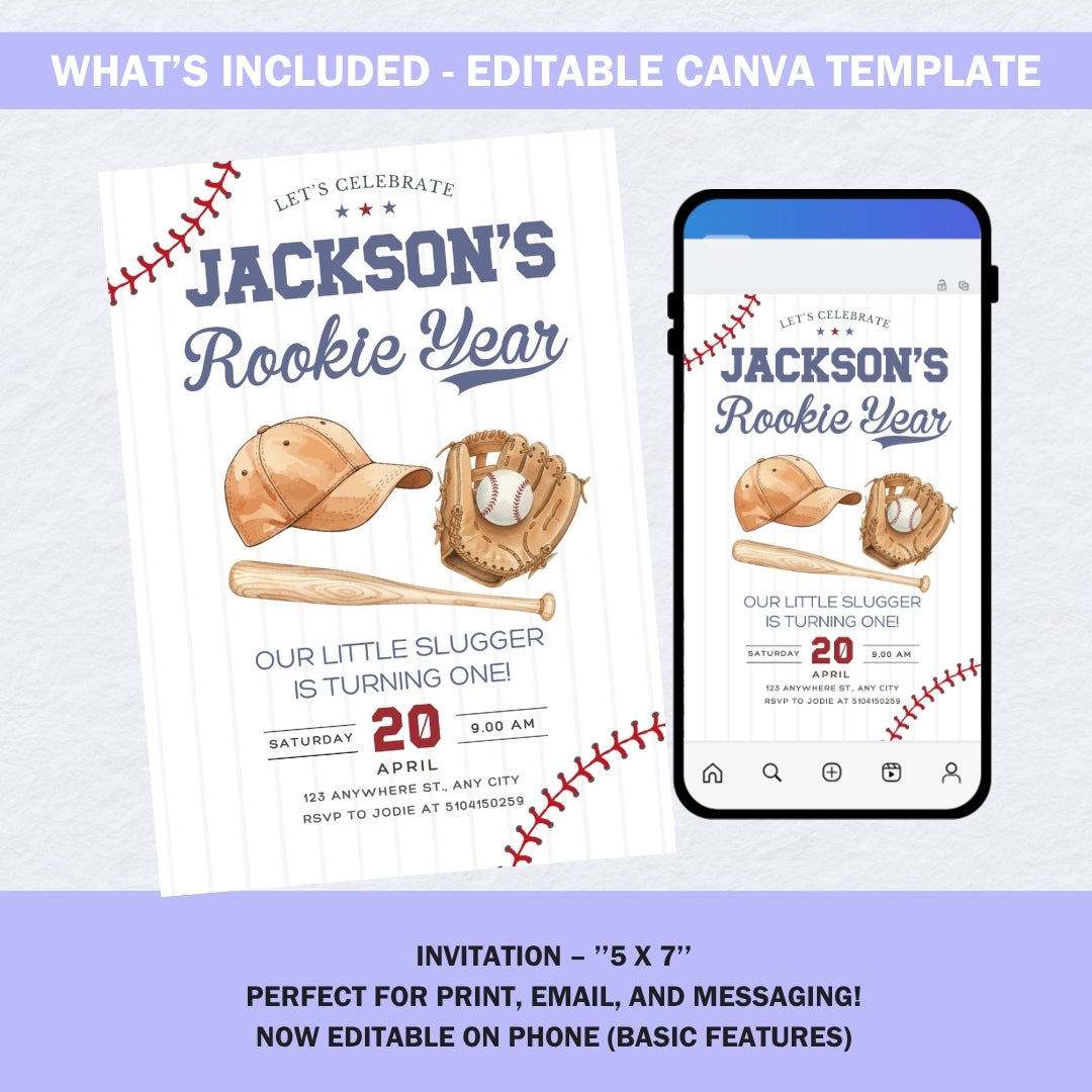 Rookie of the Year Baseball 1st Birthday Invitation, Little Slugger Editable Canva Template, Boy Birthday Invite