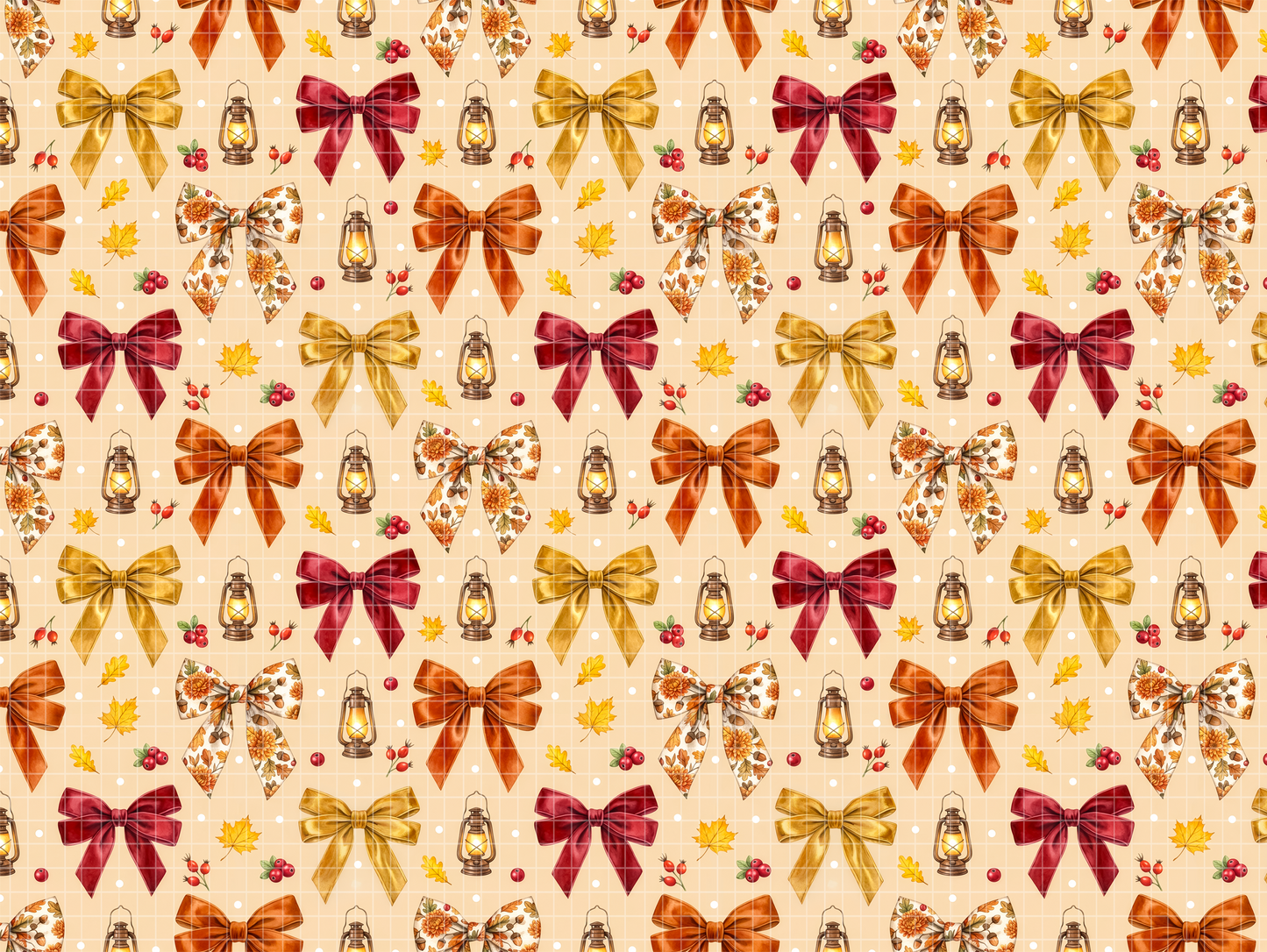 Cozy Fall Lantern Seamless Pattern, Autumn Bow Digital Paper, Rustic Thanksgiving Background, Vintage Fabric Design