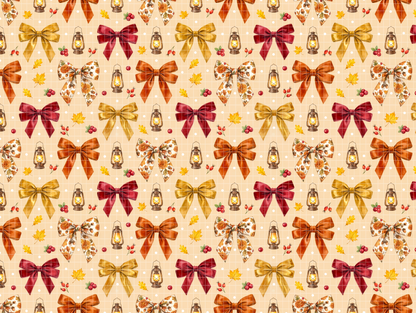 Cozy Fall Lantern Seamless Pattern, Autumn Bow Digital Paper, Rustic Thanksgiving Background, Vintage Fabric Design