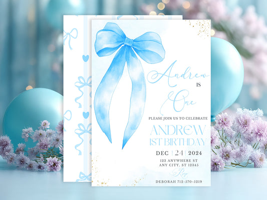 Blue Bow 1st Birthday Invitation