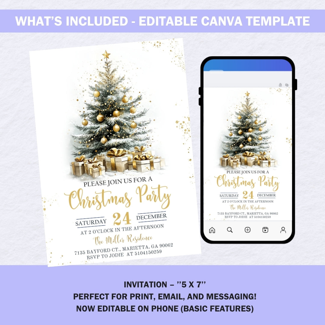 Elegant Christmas Party Invitation – Gold Tree Canva Template