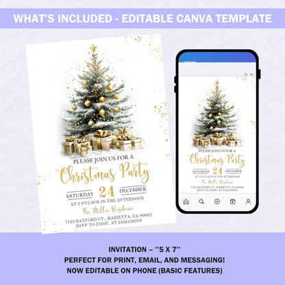 Elegant Christmas Party Invitation – Gold Tree Canva Template
