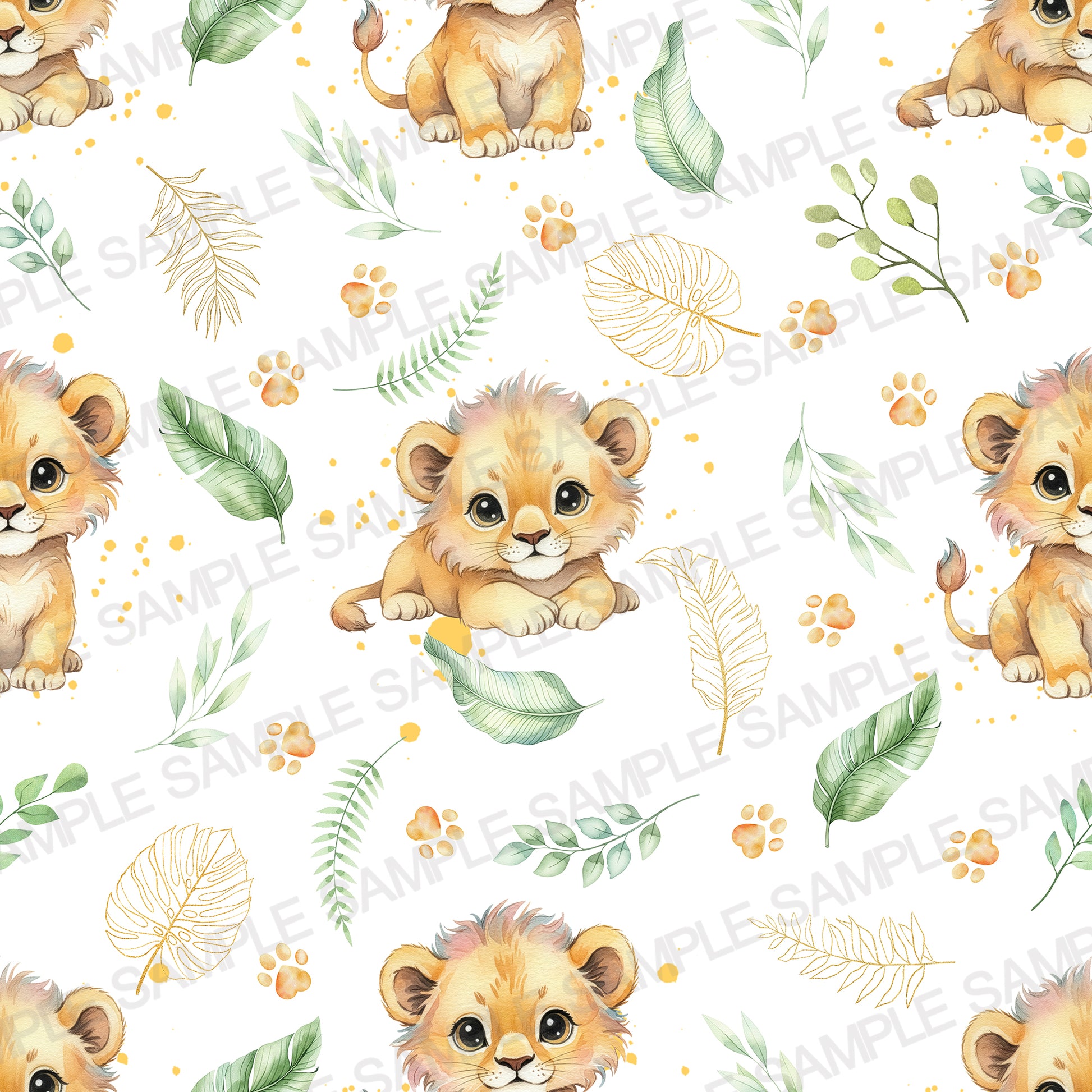 Cute watercolor baby lion and tropical leaves seamless digital paper
