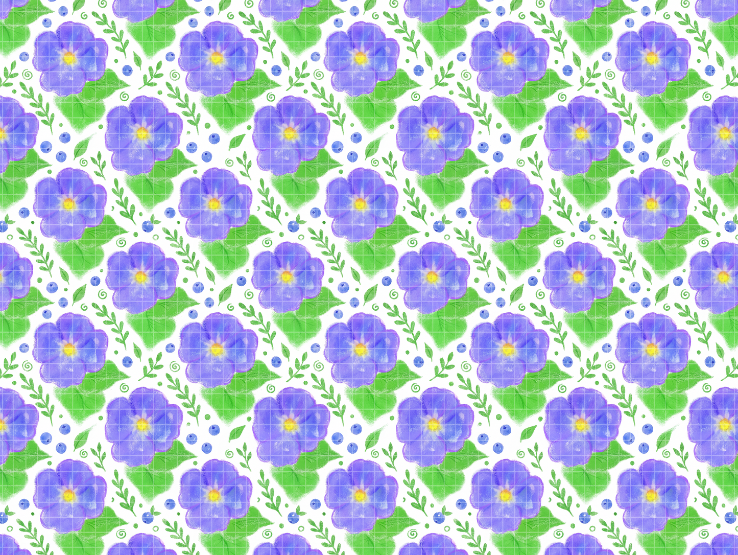 Seamless pattern tile featuring watercolor purple flowers and green leaves.