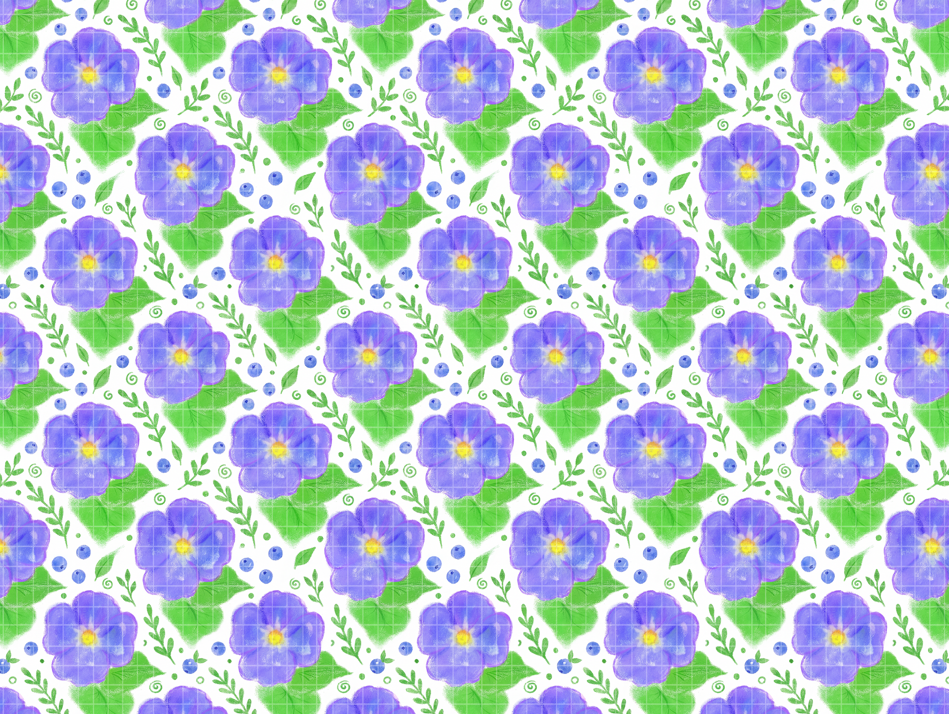 Seamless pattern tile featuring watercolor purple flowers and green leaves.