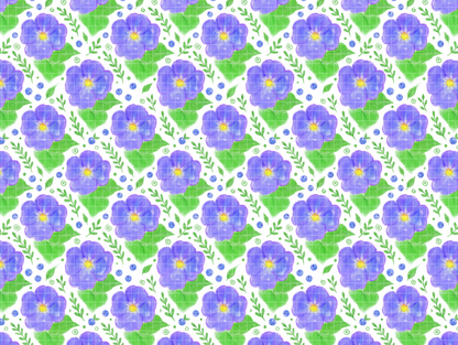 Seamless pattern tile featuring watercolor purple flowers and green leaves.