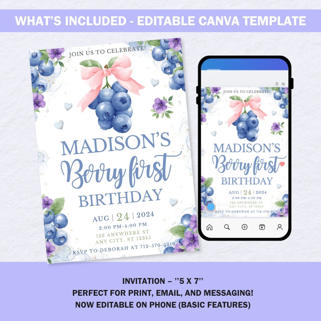 Berry First Birthday Invitation | Blueberry 1st Birthday Invite Girl | Editable Canva Template with Pink Bow