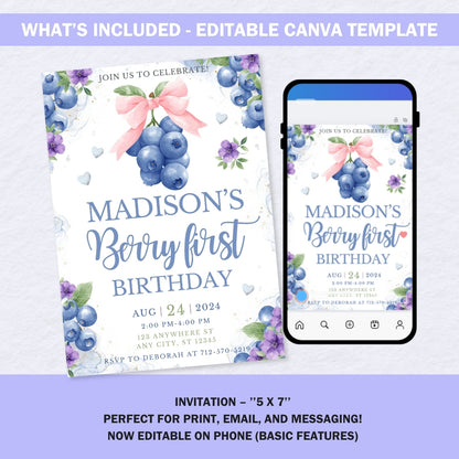 Berry First Birthday Invitation | Blueberry 1st Birthday Invite Girl | Editable Canva Template with Pink Bow