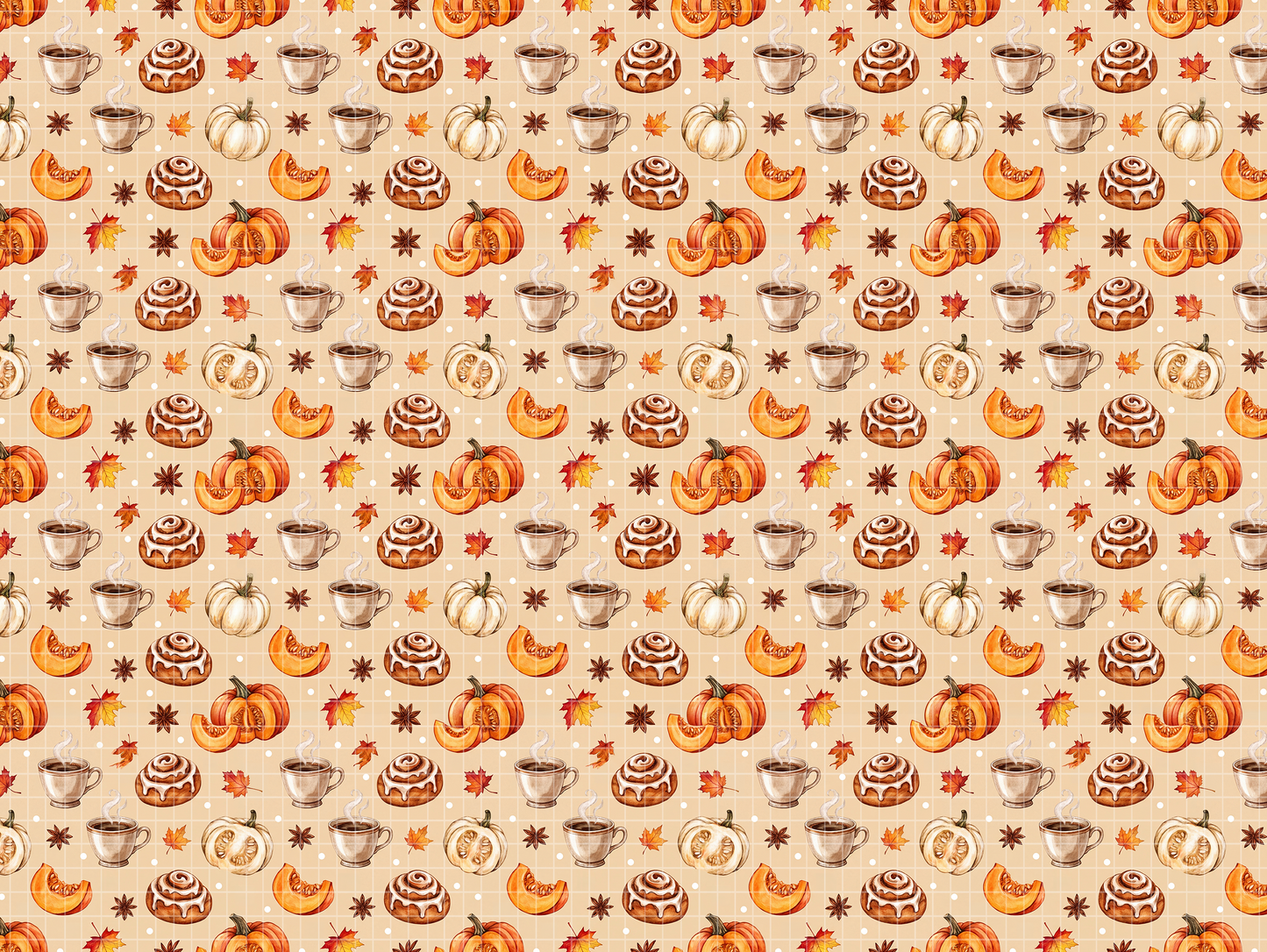 Cozy fall cafe seamless pattern design featuring pumpkin spice latte cups, cinnamon rolls, and autumn leaves on a warm light background.