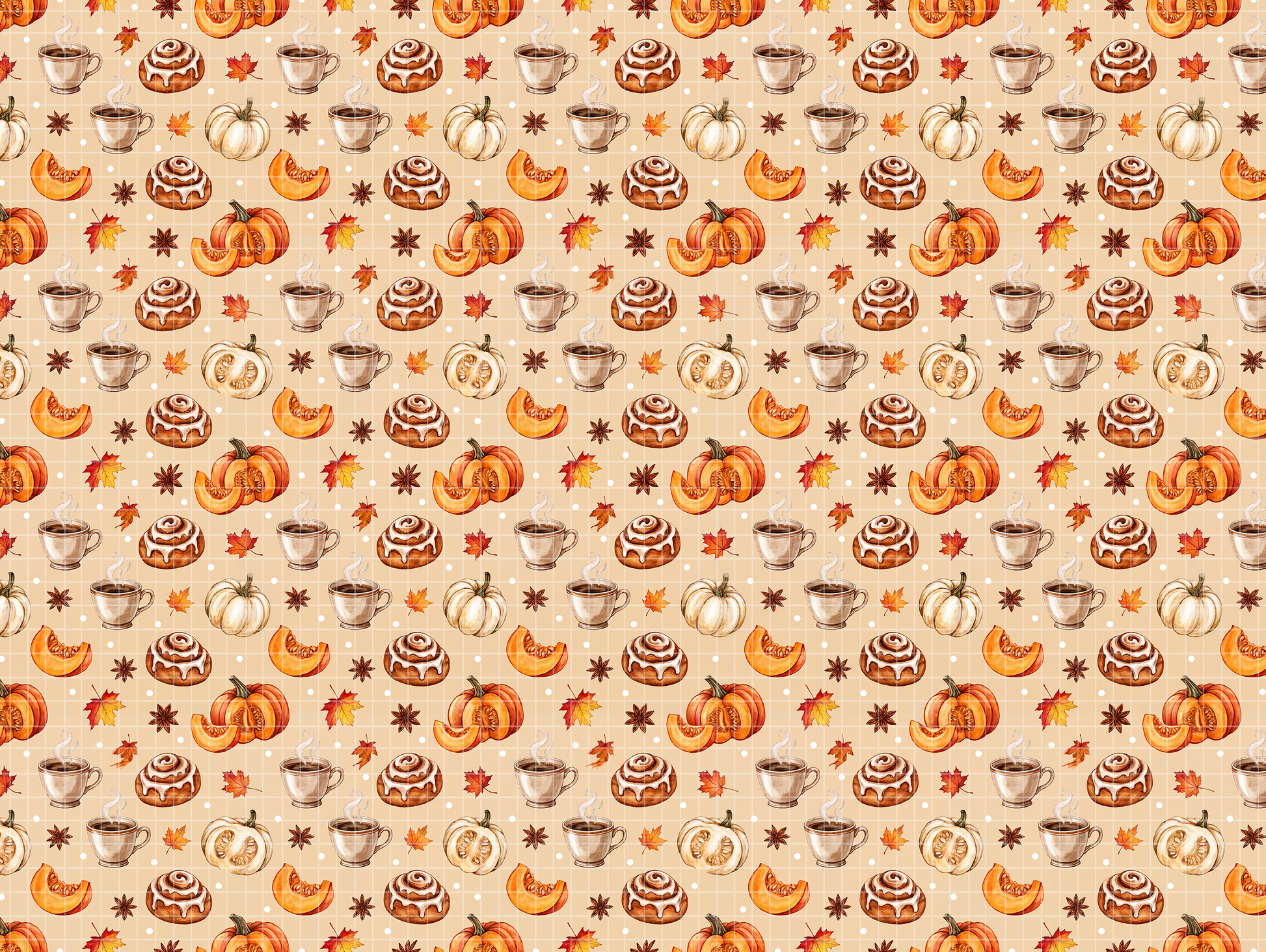 Cozy fall cafe seamless pattern design featuring pumpkin spice latte cups, cinnamon rolls, and autumn leaves on a warm light background.