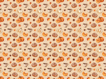 Cozy fall cafe seamless pattern design featuring pumpkin spice latte cups, cinnamon rolls, and autumn leaves on a warm light background.