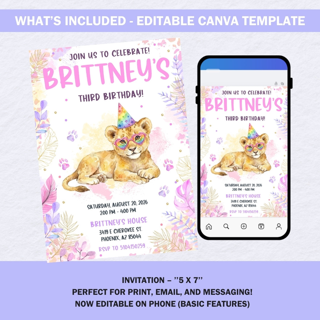 A smartphone screen showing the rainbow lion birthday invitation being edited in the Canva app.