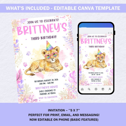 A smartphone screen showing the rainbow lion birthday invitation being edited in the Canva app.