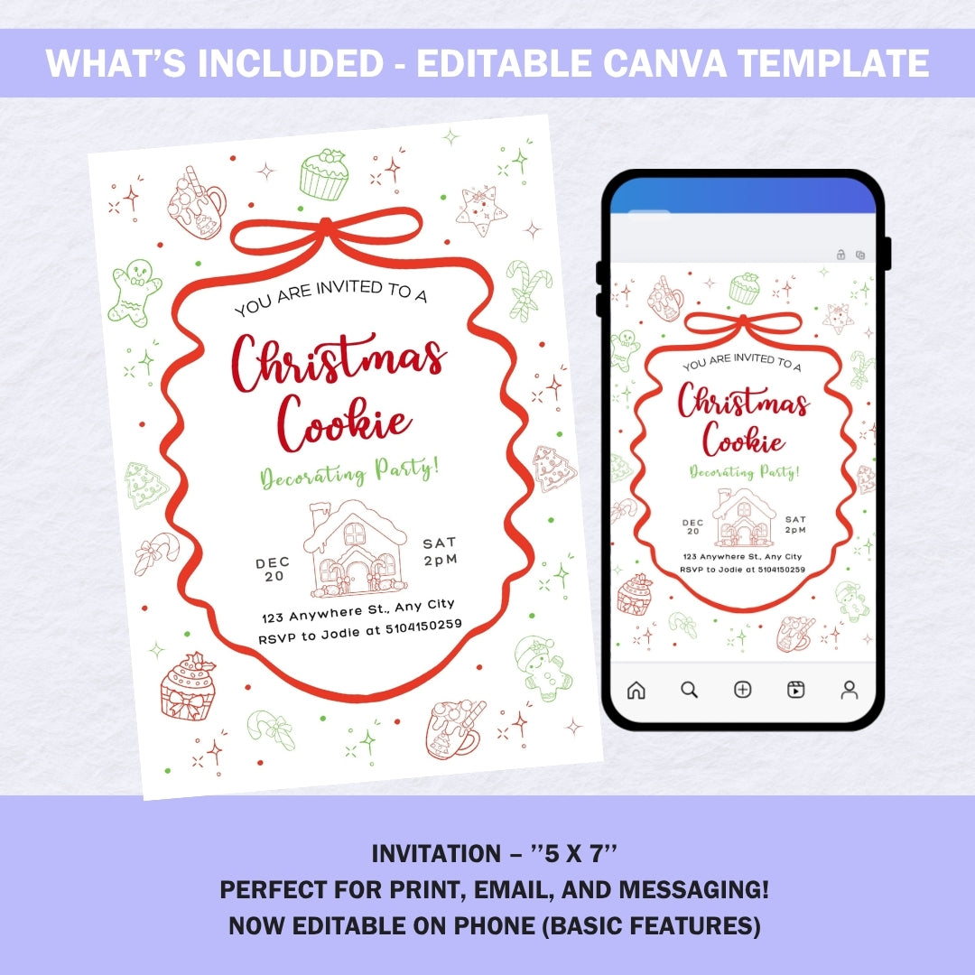 Christmas Cookie Decorating Party Invitation | Editable Canva Template | Holiday Baking Invite