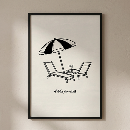 Il Dolce Far Niente Minimalist Line Art Print, Beach Chairs & Umbrella Poster, Italian Quote Printable Wall Art, Digital Download