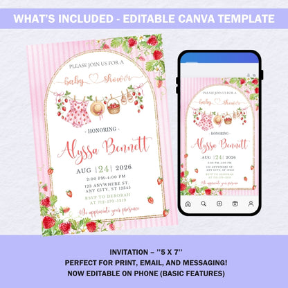 Berry Sweet Baby Shower Invite, Strawberry Girl Party, Digital Download