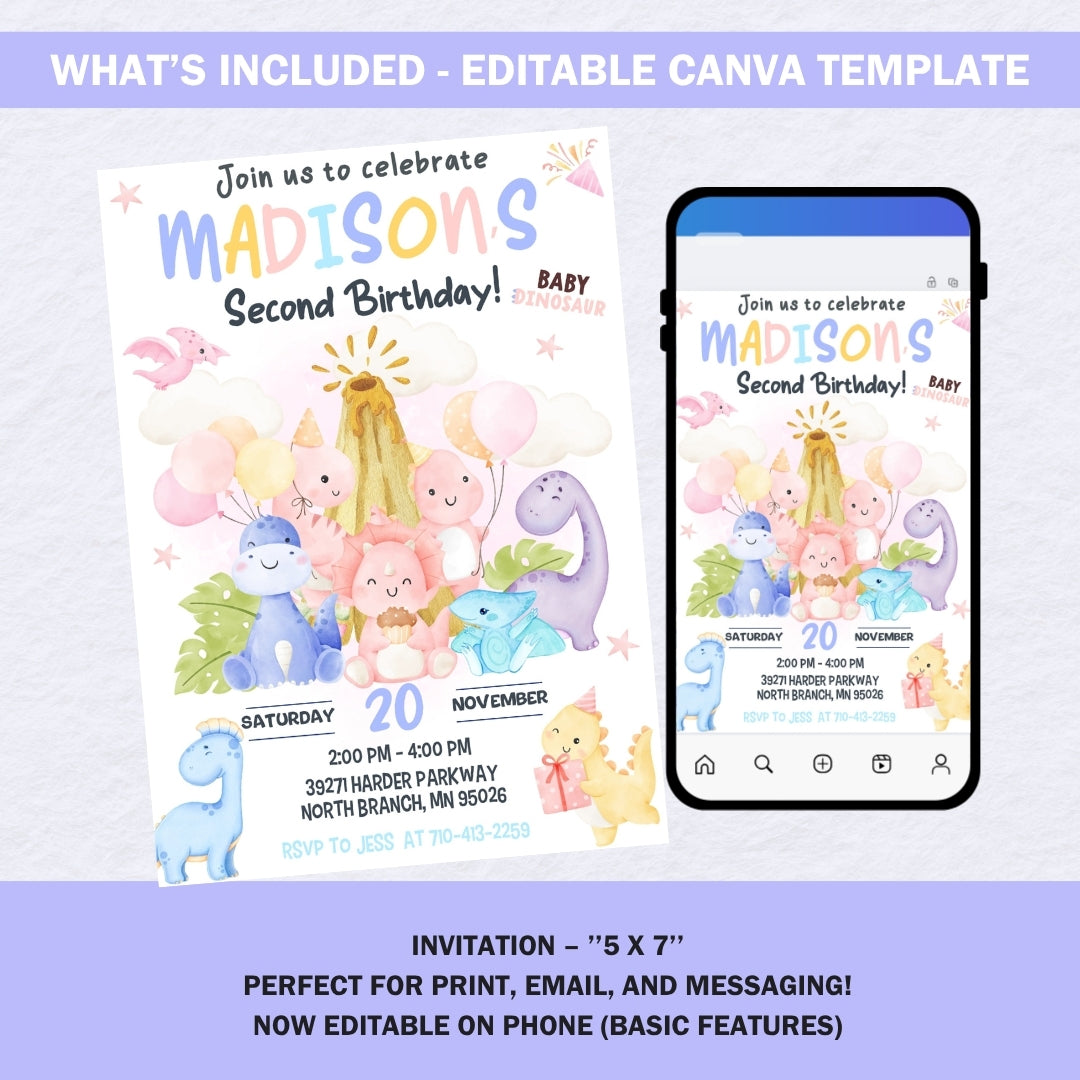 Girl Dinosaur 2nd Birthday Invitation Template | Pastel Dino Party Invite | Editable in Canva