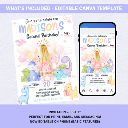 Girl Dinosaur 2nd Birthday Invitation Template | Pastel Dino Party Invite | Editable in Canva