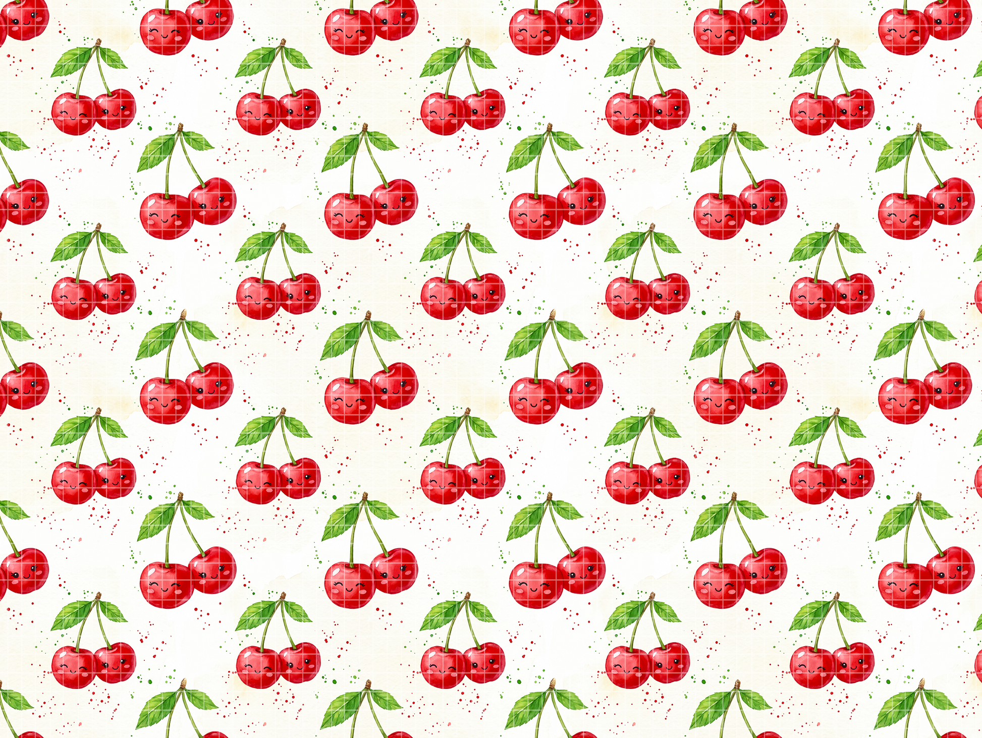 Seamless watercolor pattern featuring cute kawaii red cherries with smiling faces and green leaves.