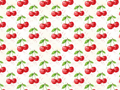 Seamless watercolor pattern featuring cute kawaii red cherries with smiling faces and green leaves.