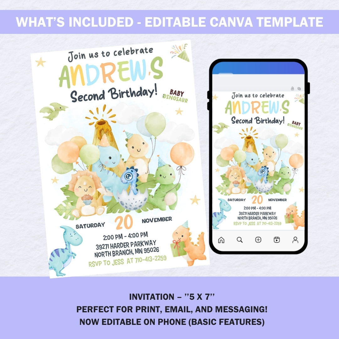 Cute Watercolor Dinosaur Birthday Invitation Template | Editable Canva Dino Party Invite | Boy 1st 2nd 3rd Birthday | Digital & Print