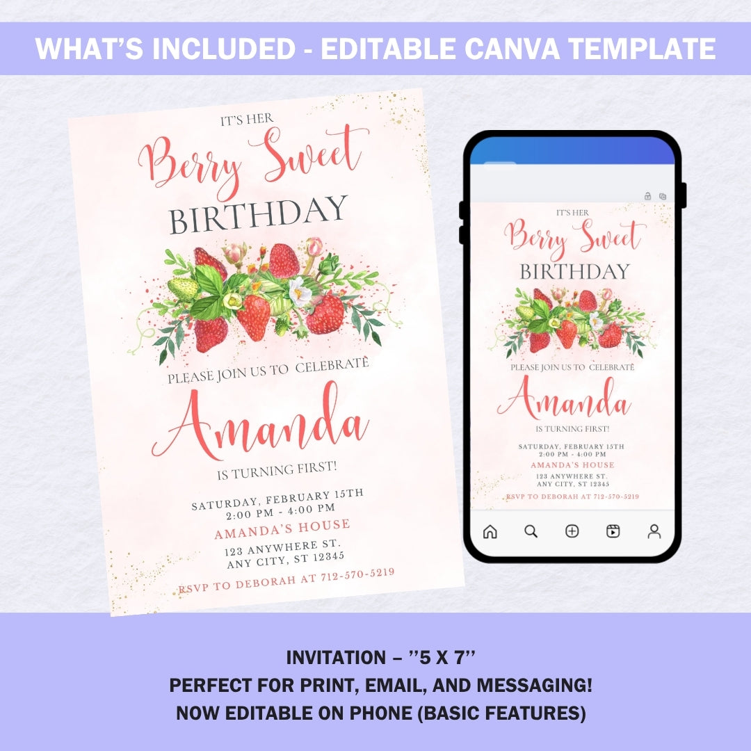 Instructions showing how to edit the strawberry birthday invitation in Canva and download for print or text.
