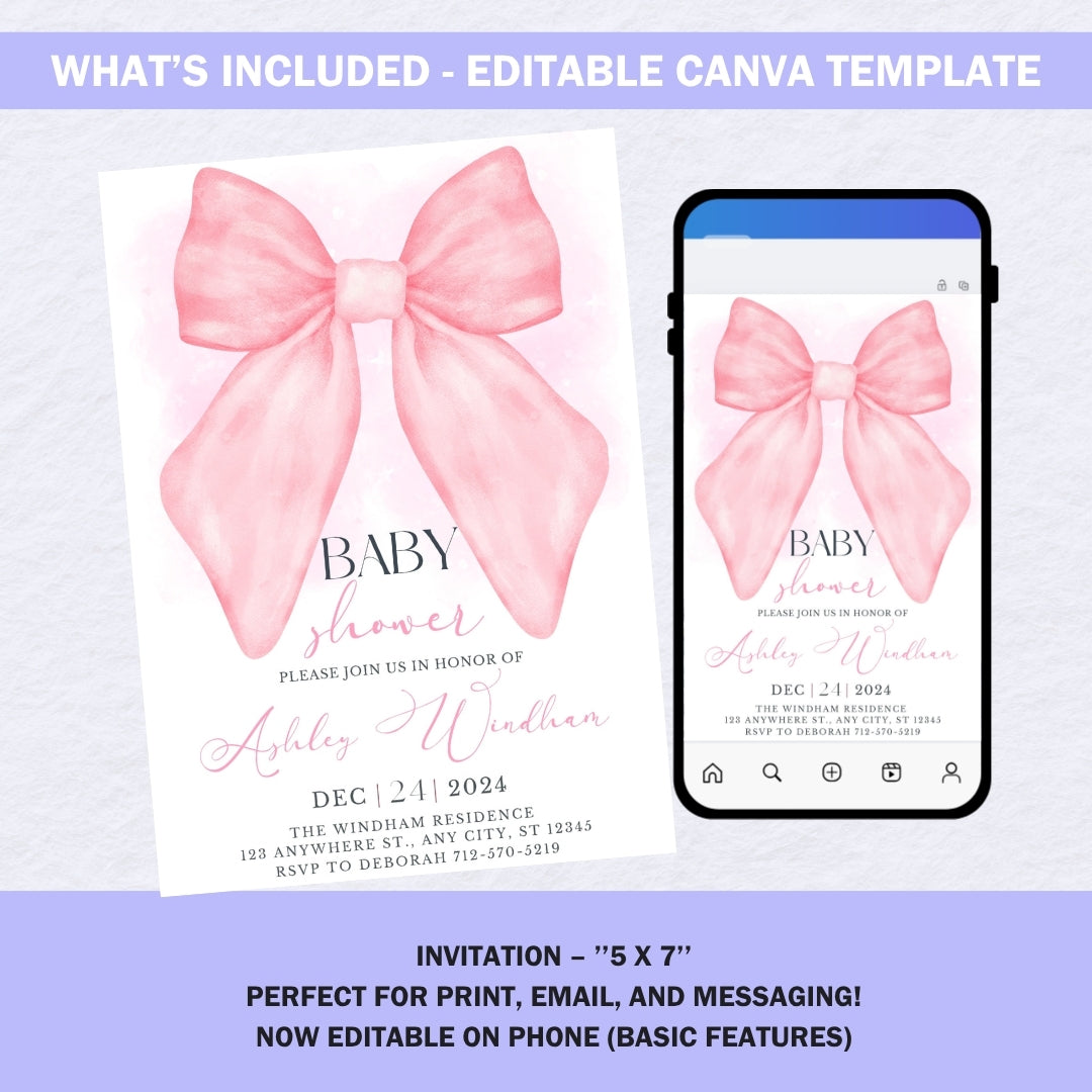 Pink Coquette Bow Baby Shower Invitation Template | Editable Canva Mobile Invite | Watercolor Girl Baby Shower | Instant Download 5x7"