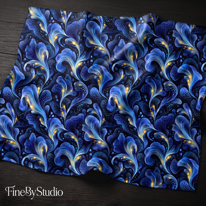 One-of-a-kind midnight blue botanical surface pattern with flowing organic forms and subtle golden accents