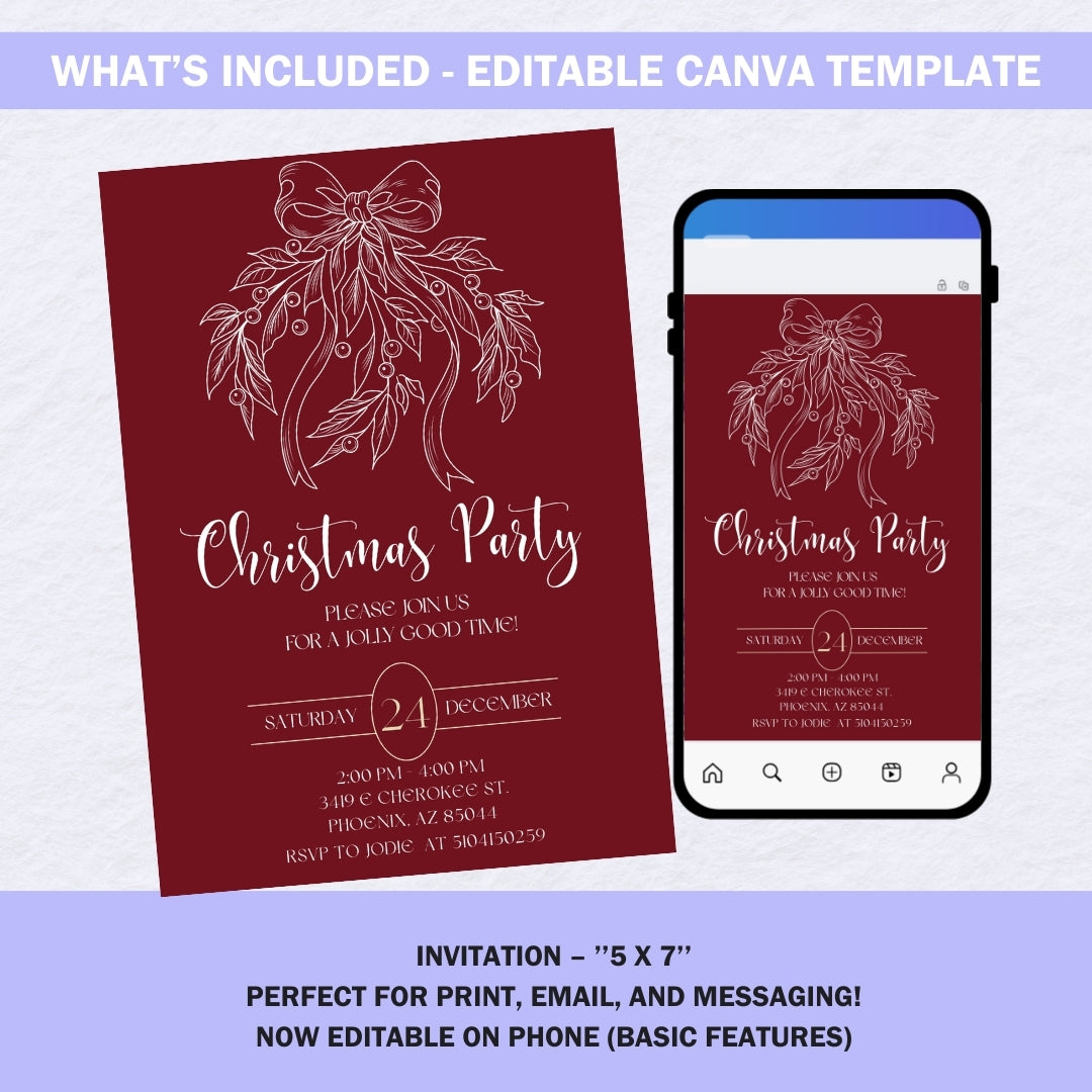Elegant Burgundy & Gold Christmas Party Invitation Template | Editable Holiday Dinner Invite