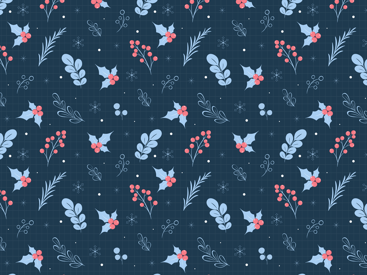 Winter Holly & Berries Seamless Pattern, Navy Blue Christmas Floral Design