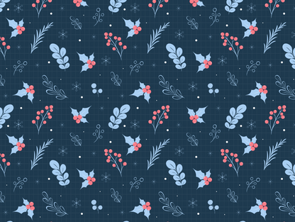 Winter Holly & Berries Seamless Pattern, Navy Blue Christmas Floral Design