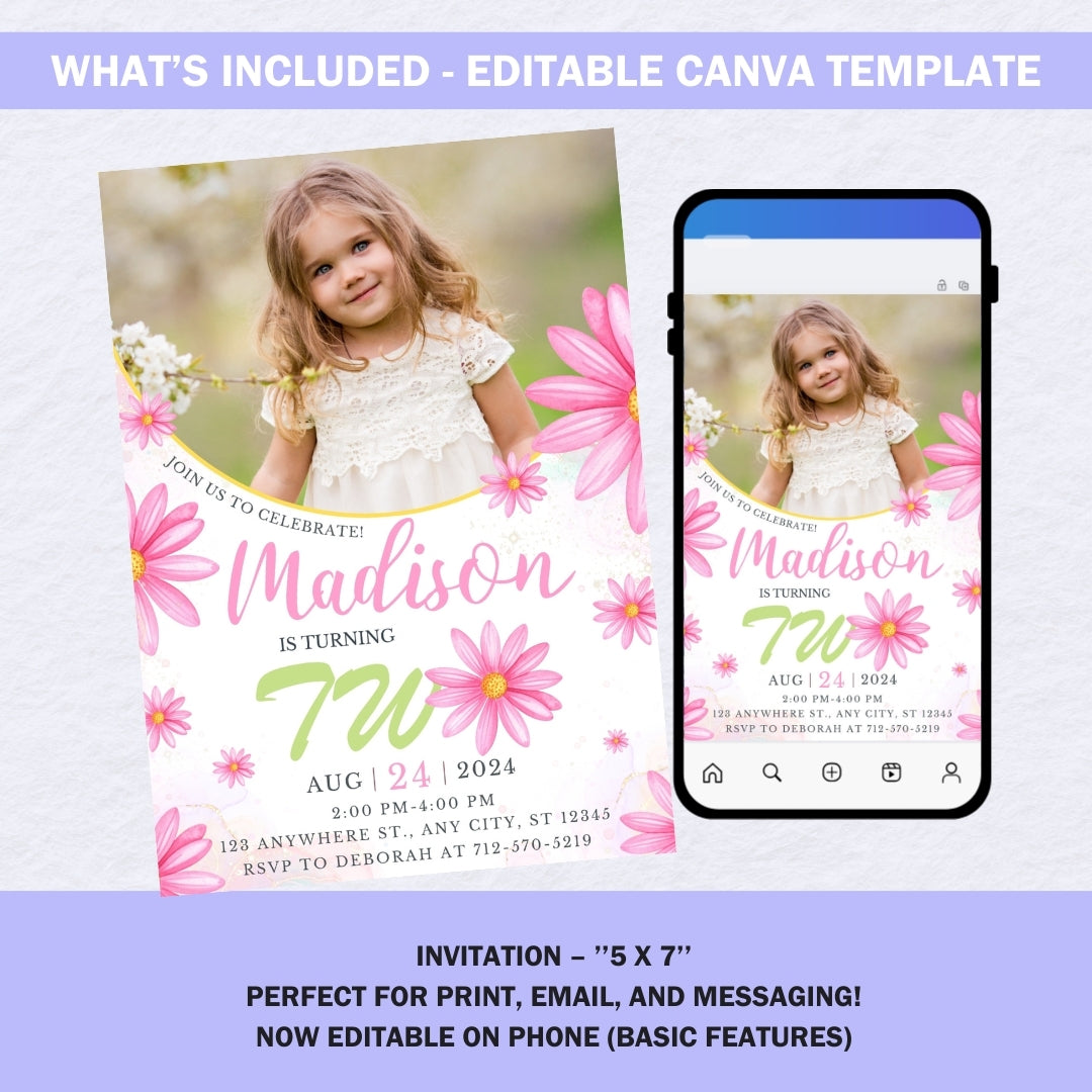 Mobile preview of editable daisy birthday invitation, customizable template for girls