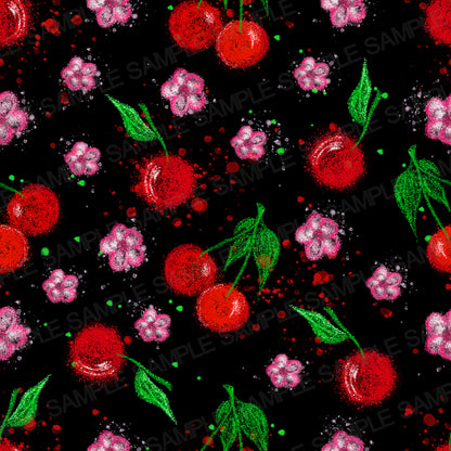 "Hand-drawn seamless pattern with red cherries, green leaves, and pink flowers in a textured crayon style on a solid black background."