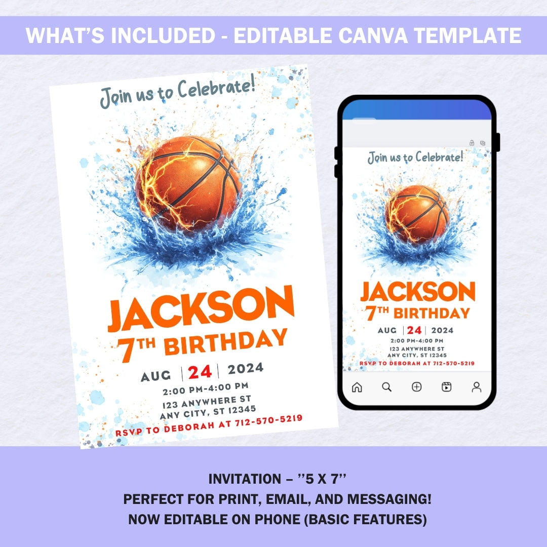 Mobile phone showing how easy it is to edit the basketball invitation in the Canva app.