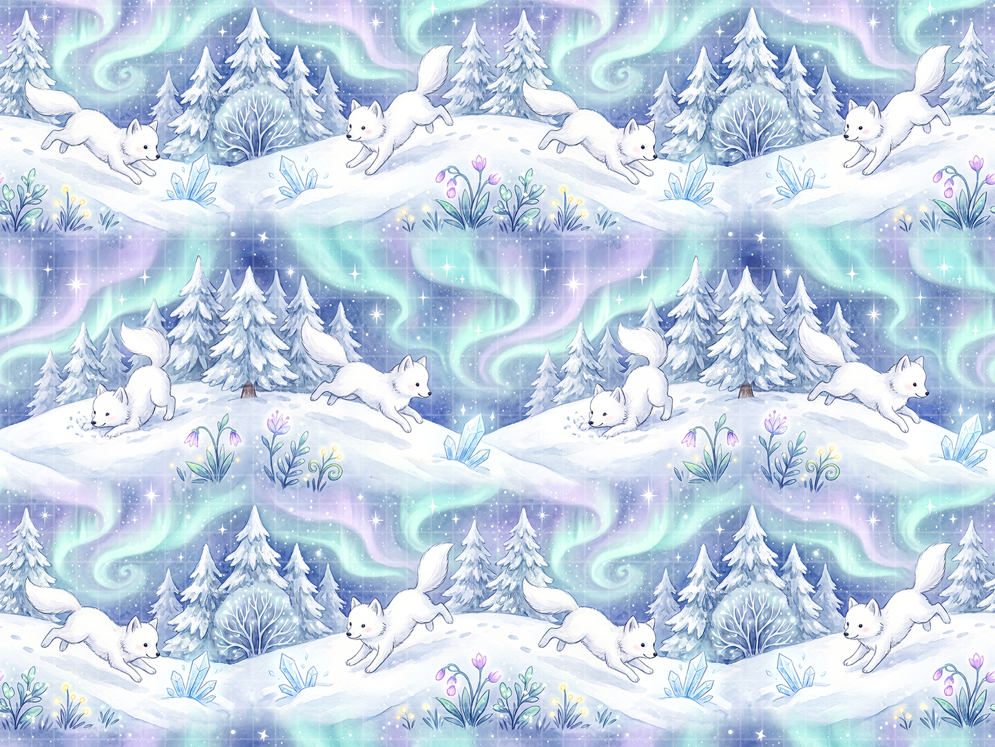 Zoomed out repeating seamless pattern showing white foxes, snow, and a vibrant aurora borealis.