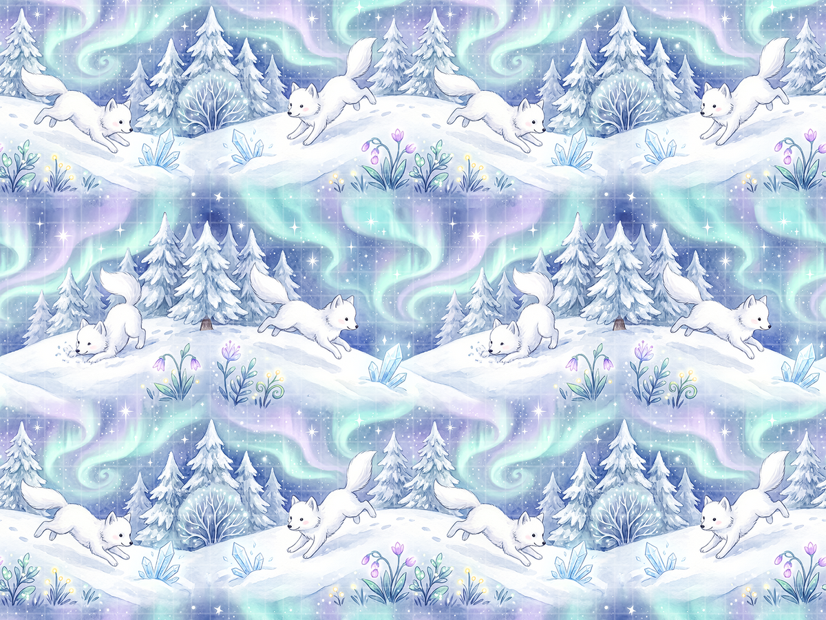 Zoomed out repeating seamless pattern showing white foxes, snow, and a vibrant aurora borealis.