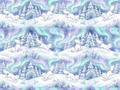 Zoomed out repeating seamless pattern showing white foxes, snow, and a vibrant aurora borealis.