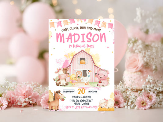 Farm Birthday Invitation | Pink Barnyard Party | Girl Farm Animals Invite | FineByStudio