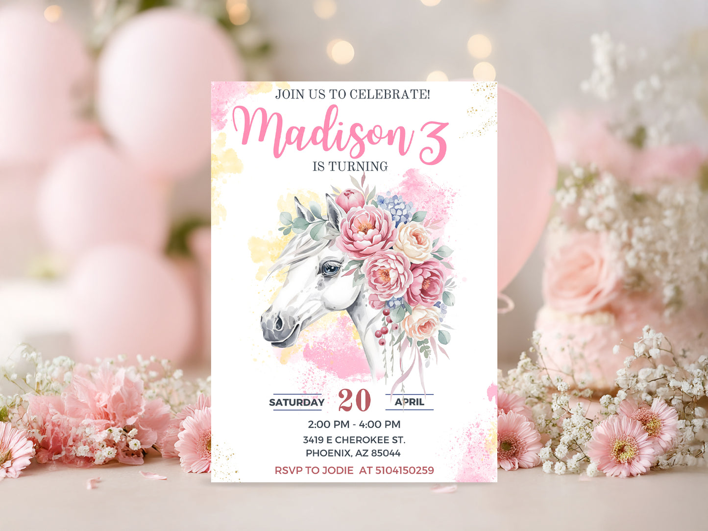 Editable Horse Birthday Invitation – Floral Pony Party Template – Girl’s Birthday Invite – Instant Download – Canva Template