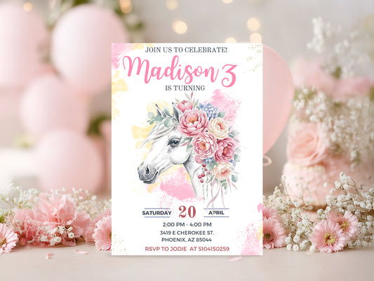 Editable Horse Birthday Invitation – Floral Pony Party Template – Girl’s Birthday Invite – Instant Download – Canva Template