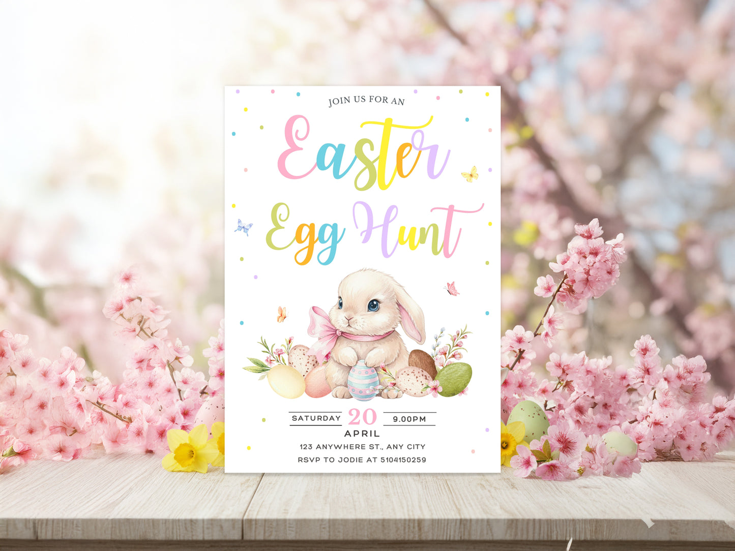  Pastel Easter Egg Hunt invitation with a watercolor bunny, colorful eggs, and confetti on a light background.